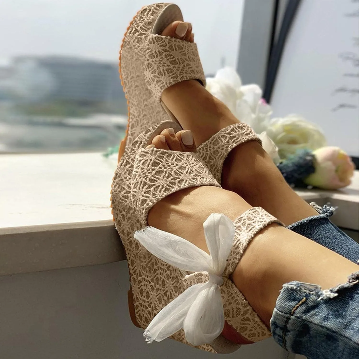 Wedge Sandal for Women Ankle Strap Flatform Arch Support Fish Mouth Toe Shoes Platform Espadrilles Cushion Open Rubber