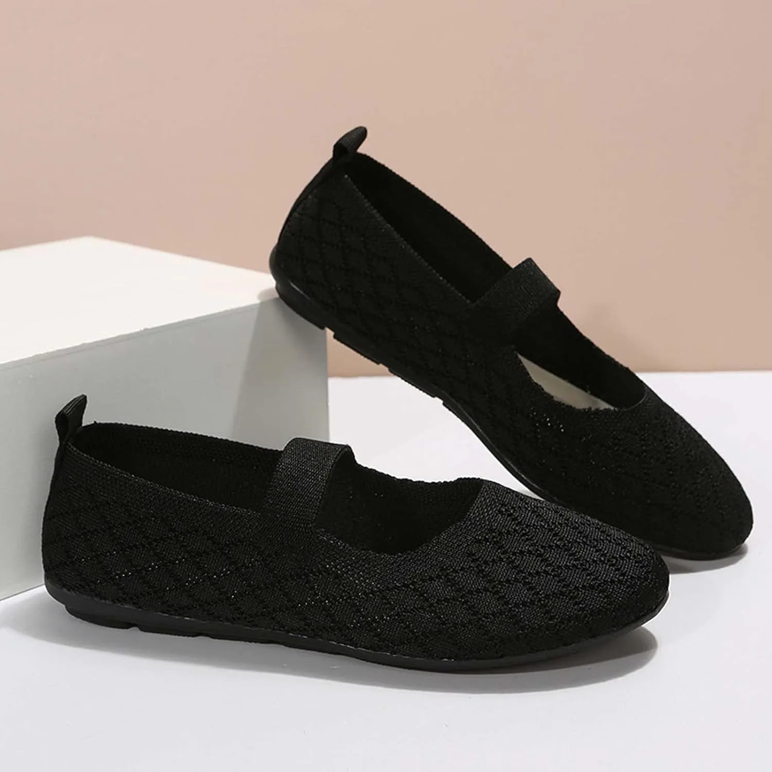 White Ballet Flats for Women Round Toe Mary Jane Shoes Comfortable Dressy Womens Straps Washable Knit Slip On Sandals