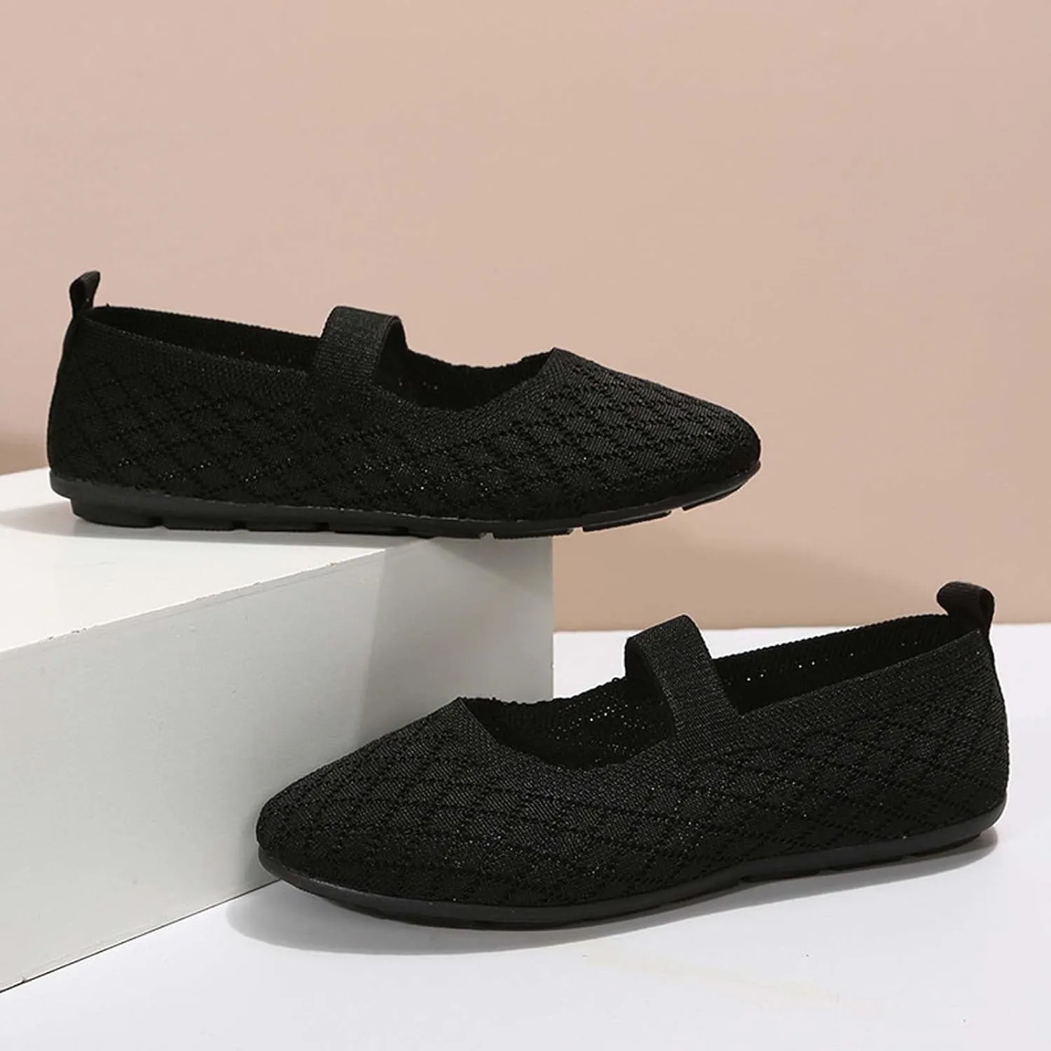 White Ballet Flats for Women Round Toe Mary Jane Shoes Comfortable Dressy Womens Straps Washable Knit Slip On Sandals