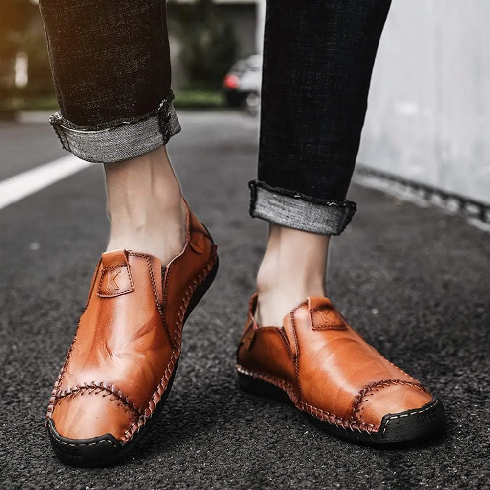 WILTENA Fashion Mens Genuine Leather Loafers Male Hand Stitching Casual Shoes Comfort Slip On Driving Shoes