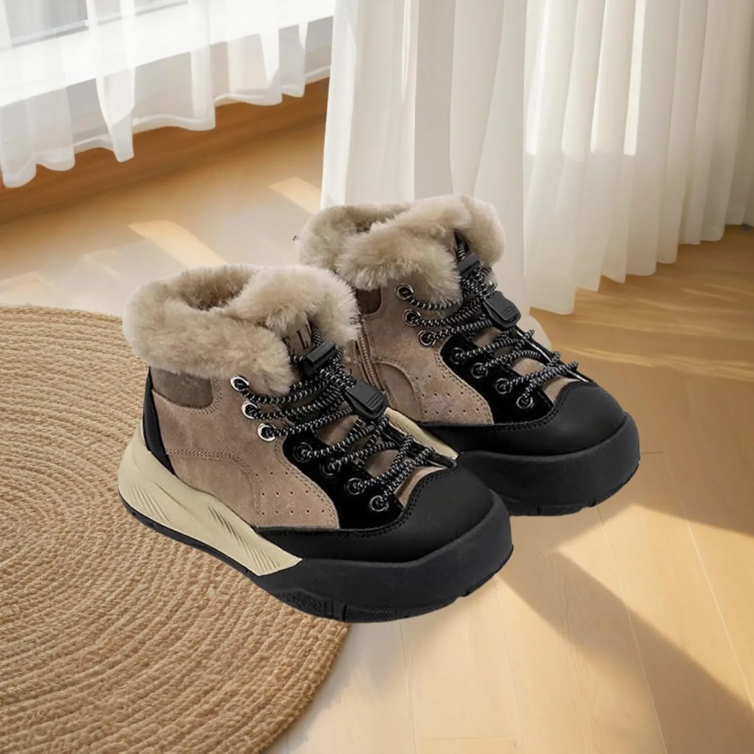 Winter Outdoor Faux Fr Snow Boots for Kids Fleece Plush Warm Furry Ankle Booties Boys Girls Hiking Sport Shoes