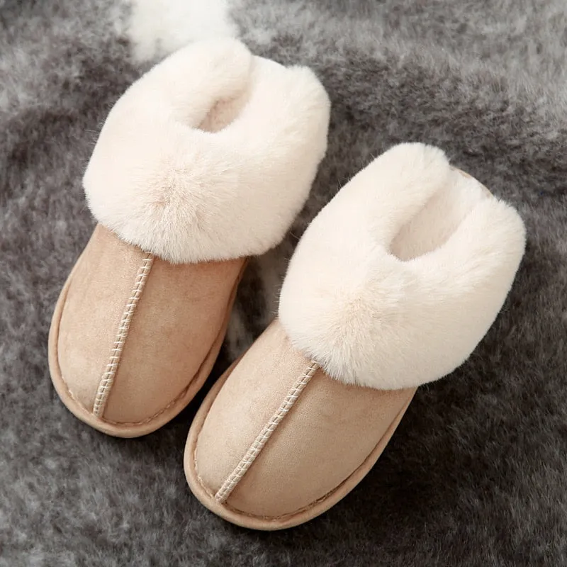 Winter Warm Home Fur Slippers Women Luxury Faux Suede Plush Cotton Shoes Indoor Bedroom Flat Heels Fluffy Slippers