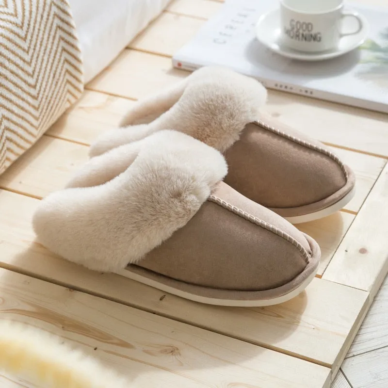 Winter Warm Home Fur Slippers Women Luxury Faux Suede Plush Cotton Shoes Indoor Bedroom Flat Heels Fluffy Slippers