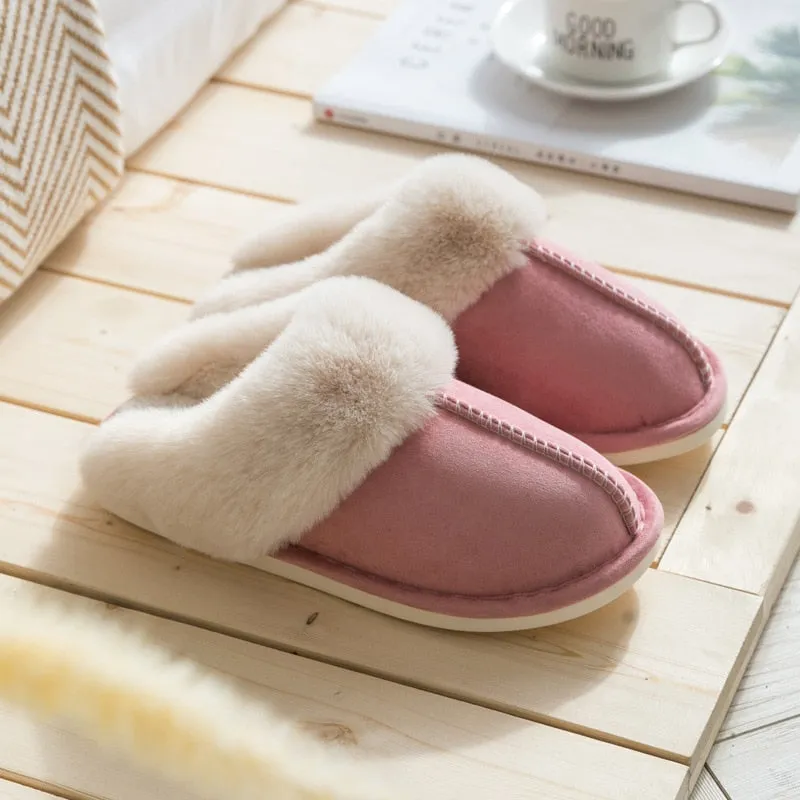 Winter Warm Home Fur Slippers Women Luxury Faux Suede Plush Cotton Shoes Indoor Bedroom Flat Heels Fluffy Slippers