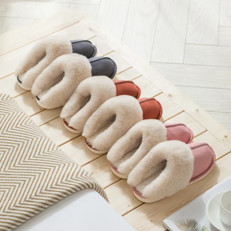 Winter Warm Home Fur Slippers Women Luxury Faux Suede Plush Cotton Shoes Indoor Bedroom Flat Heels Fluffy Slippers