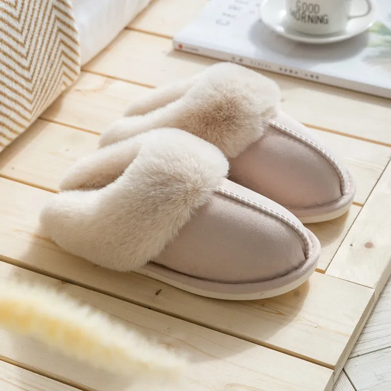 Winter Warm Home Fur Slippers Women Luxury Faux Suede Plush Cotton Shoes Indoor Bedroom Flat Heels Fluffy Slippers