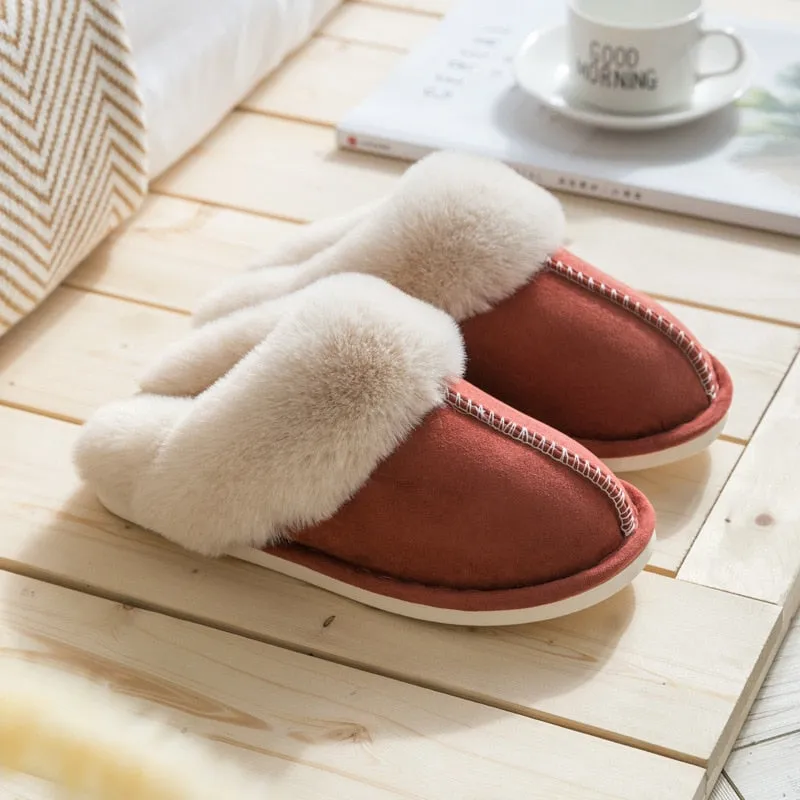 Winter Warm Home Fur Slippers Women Luxury Faux Suede Plush Cotton Shoes Indoor Bedroom Flat Heels Fluffy Slippers
