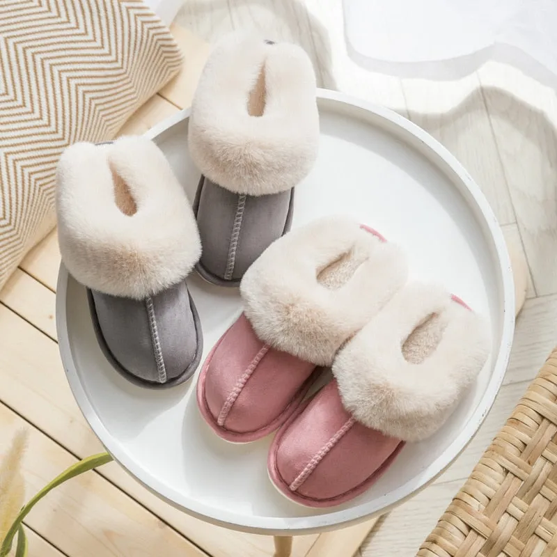 Winter Warm Home Fur Slippers Women Luxury Faux Suede Plush Cotton Shoes Indoor Bedroom Flat Heels Fluffy Slippers