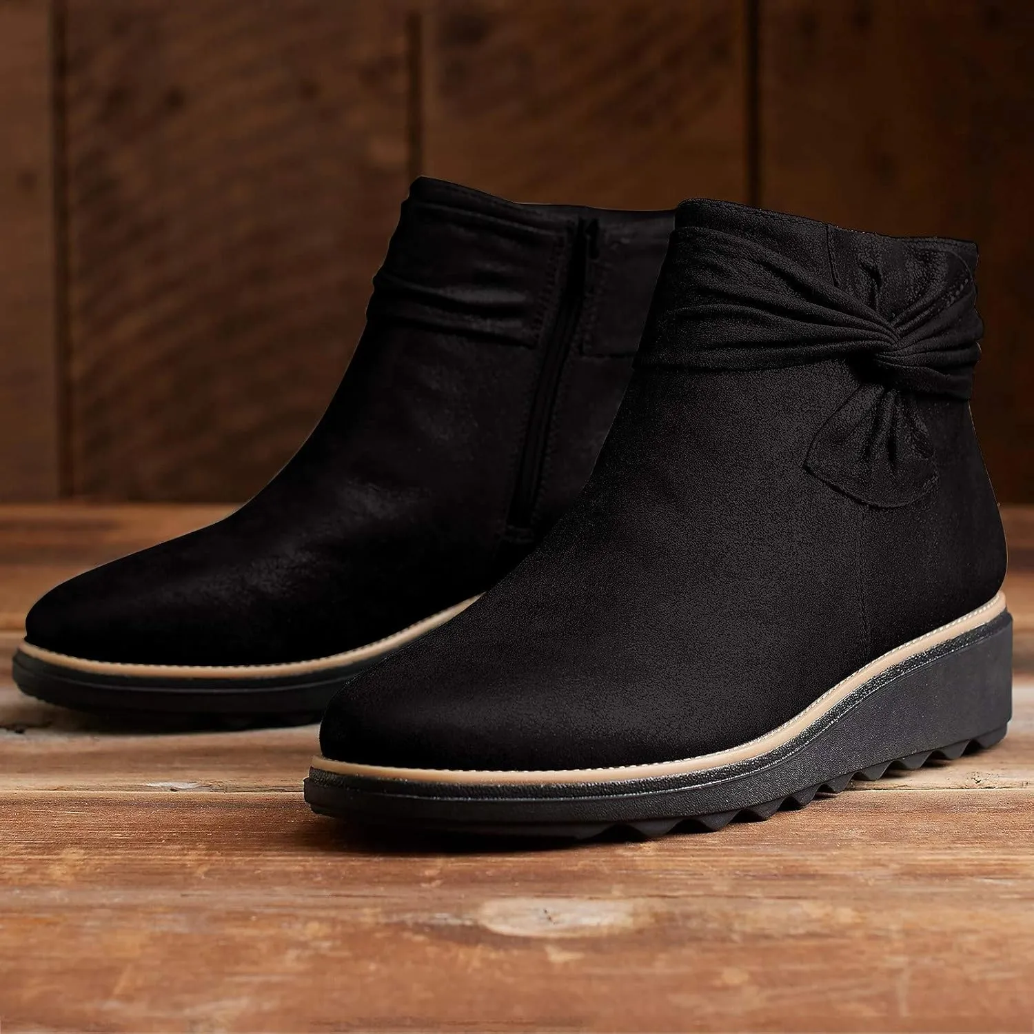 Women Ankle Boots Suede Low Heel Wide Width Walking Shoes with Arch Support Comfortable Slip on Platform Dress Shoes