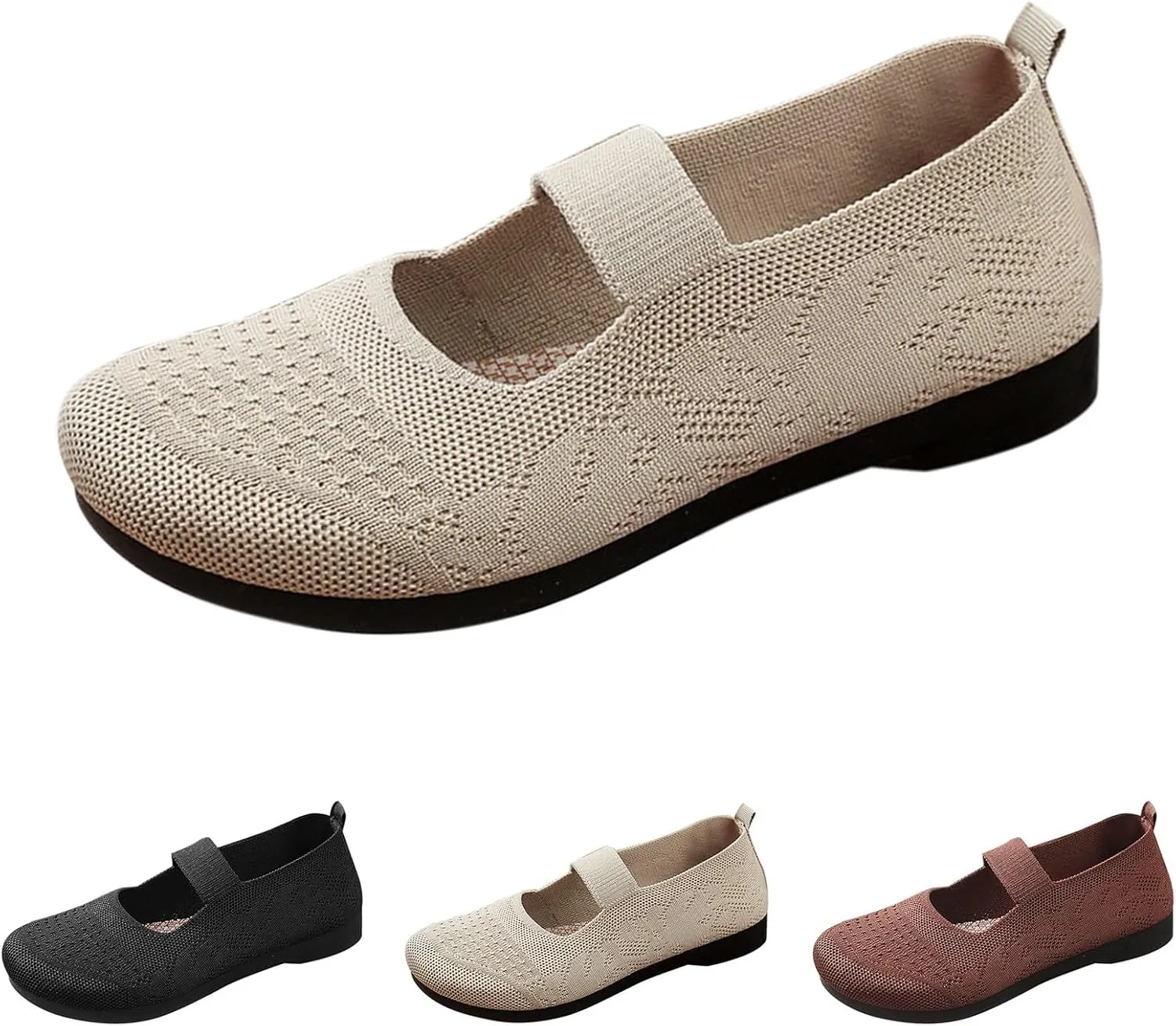 Women Mary Jane Flat Shoes Wide Toe Box Comofortable Ballet Flat with Adjustable Straps Slip on Washable Knit Casual Flats