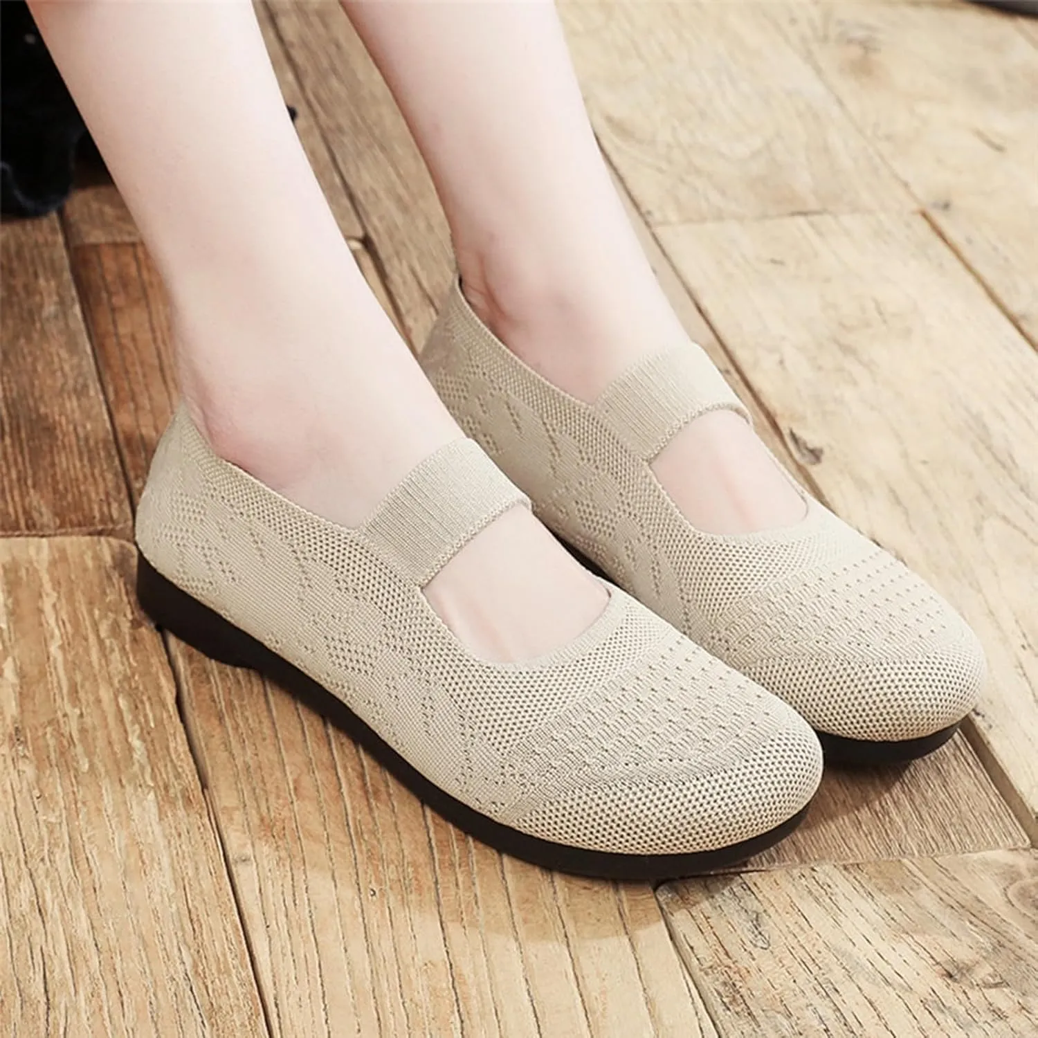 Women Mary Jane Flat Shoes Wide Toe Box Comofortable Ballet Flat with Adjustable Straps Slip on Washable Knit Casual Flats