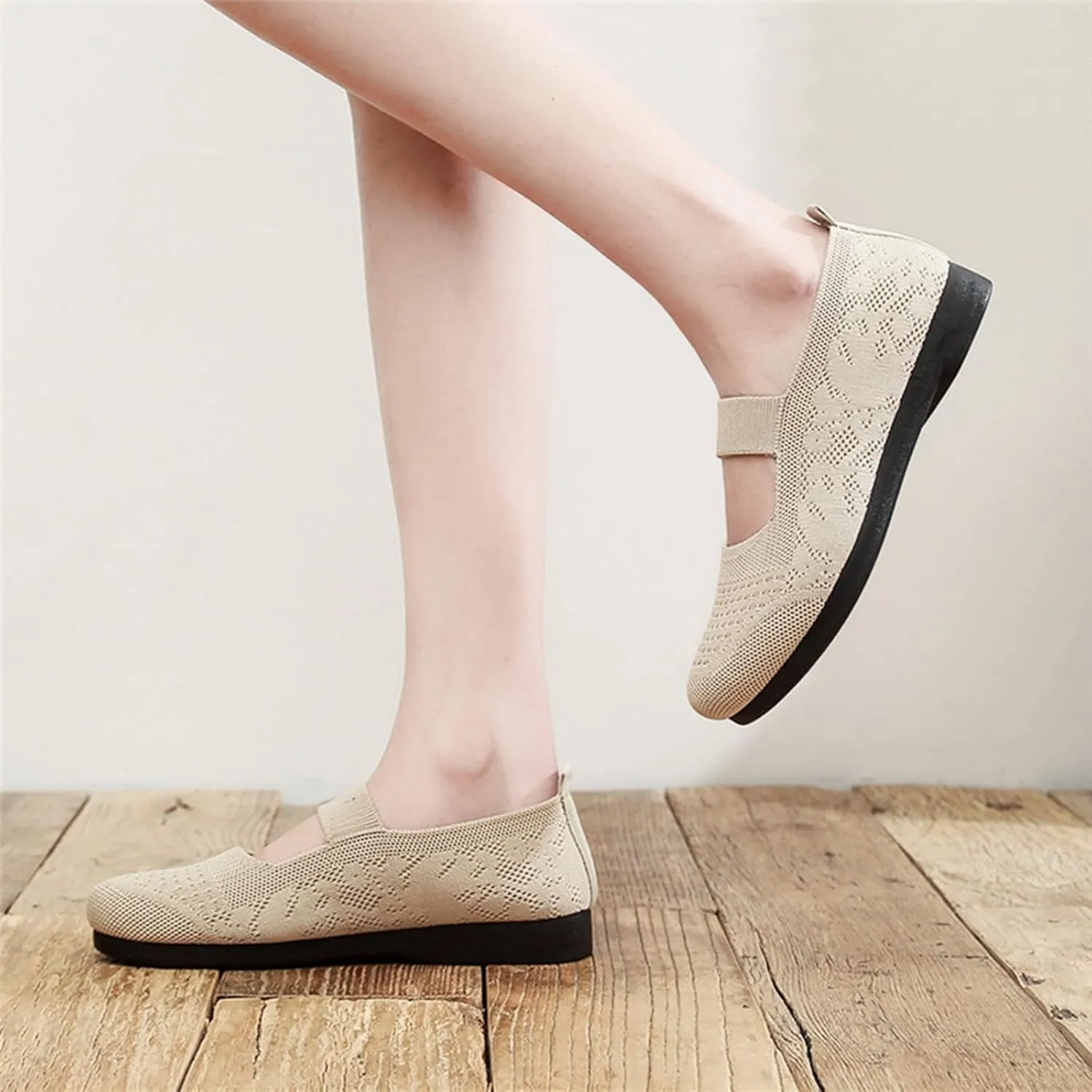 Women Mary Jane Flat Shoes Wide Toe Box Comofortable Ballet Flat with Adjustable Straps Slip on Washable Knit Casual Flats