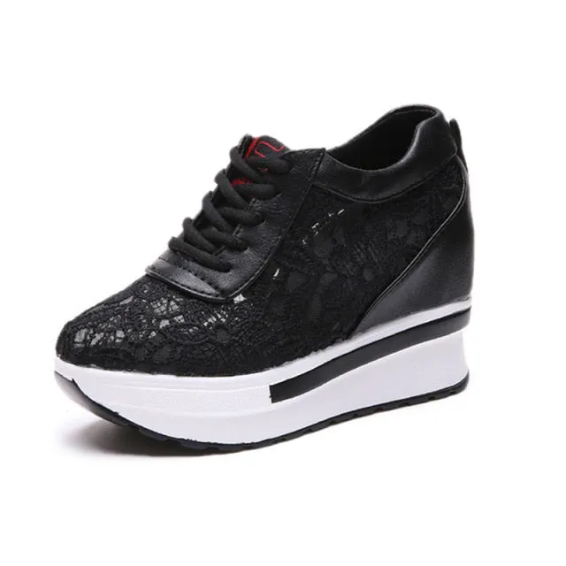 Women White Shoes Breathable Mesh Chunky Platform Sneakers Summer Ladies Lace Floral Hollow Out Wedge Heels Casual Footwear