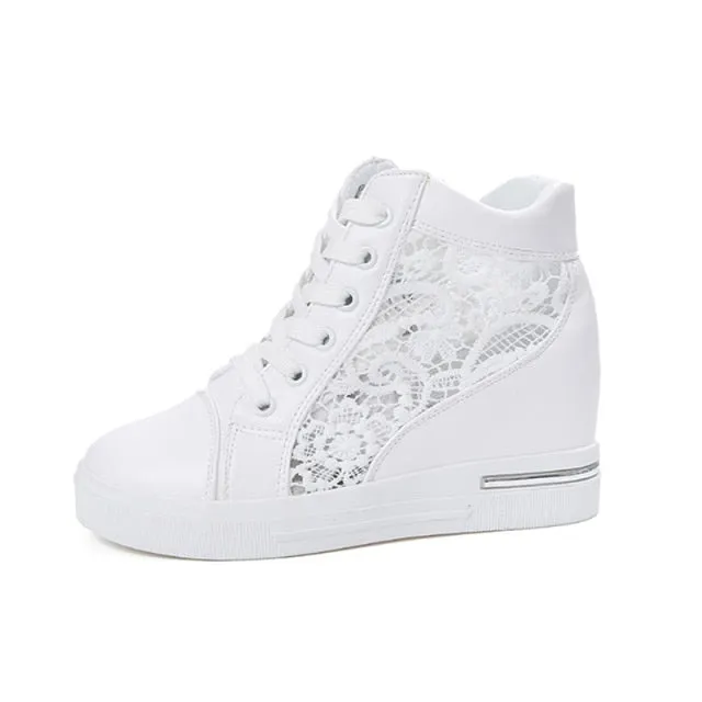 Women White Shoes Breathable Mesh Chunky Platform Sneakers Summer Ladies Lace Floral Hollow Out Wedge Heels Casual Footwear