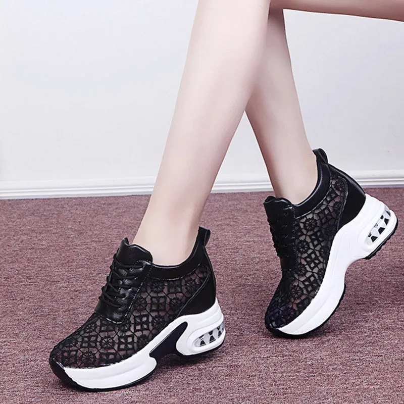 Women White Shoes Breathable Mesh Chunky Platform Sneakers Summer Ladies Lace Floral Hollow Out Wedge Heels Casual Footwear