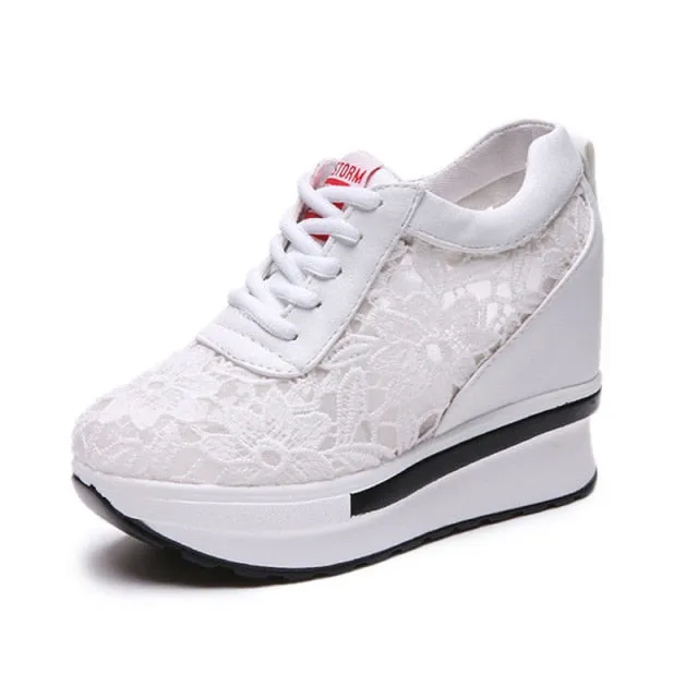 Women White Shoes Breathable Mesh Chunky Platform Sneakers Summer Ladies Lace Floral Hollow Out Wedge Heels Casual Footwear