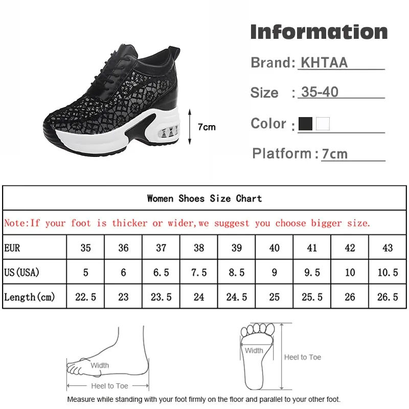 Women White Shoes Breathable Mesh Chunky Platform Sneakers Summer Ladies Lace Floral Hollow Out Wedge Heels Casual Footwear