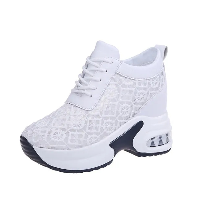 Women White Shoes Breathable Mesh Chunky Platform Sneakers Summer Ladies Lace Floral Hollow Out Wedge Heels Casual Footwear