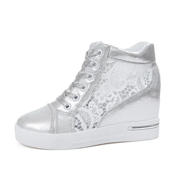 Women White Shoes Breathable Mesh Chunky Platform Sneakers Summer Ladies Lace Floral Hollow Out Wedge Heels Casual Footwear