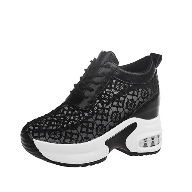 Women White Shoes Breathable Mesh Chunky Platform Sneakers Summer Ladies Lace Floral Hollow Out Wedge Heels Casual Footwear