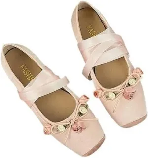 Women's Ballet Flats Shoes Tie Leg Satin Silk Ballet Flats Woman Square Toe Bowknot Elastic Ladies Wedding Floral Shoes