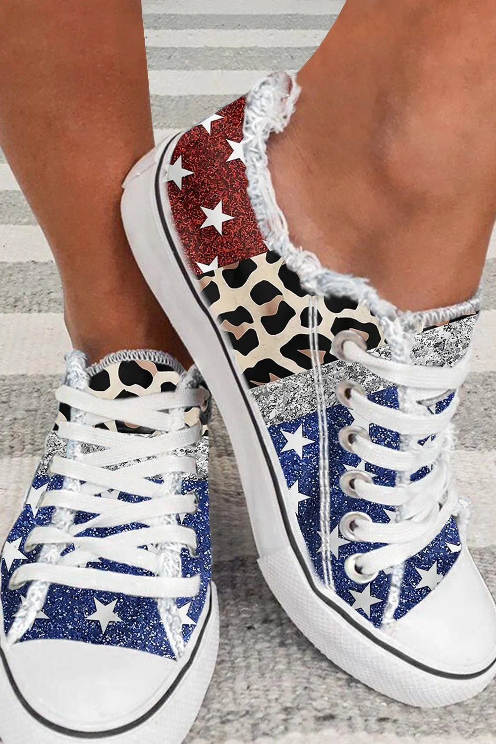 Womens Canvas Shoes Leopard American Flag Print Walking Shoes