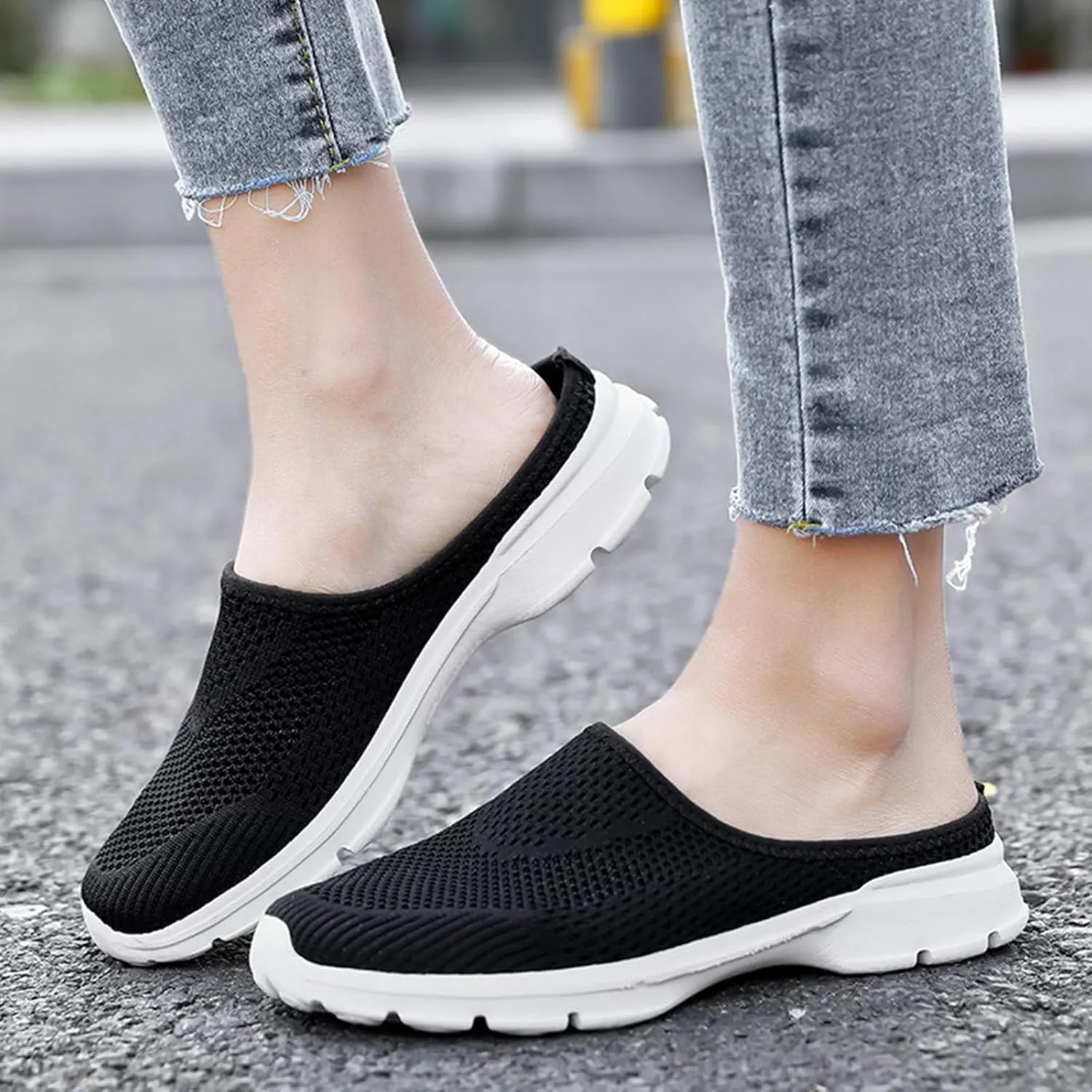 Women's Casual Slip on Half Shoes Breathable Mesh Walking Sandals Arch Support Shoe Open Back Slip On Shoes Lightweight Comfortable Sandals Summer Closed Round Toe Sandal
