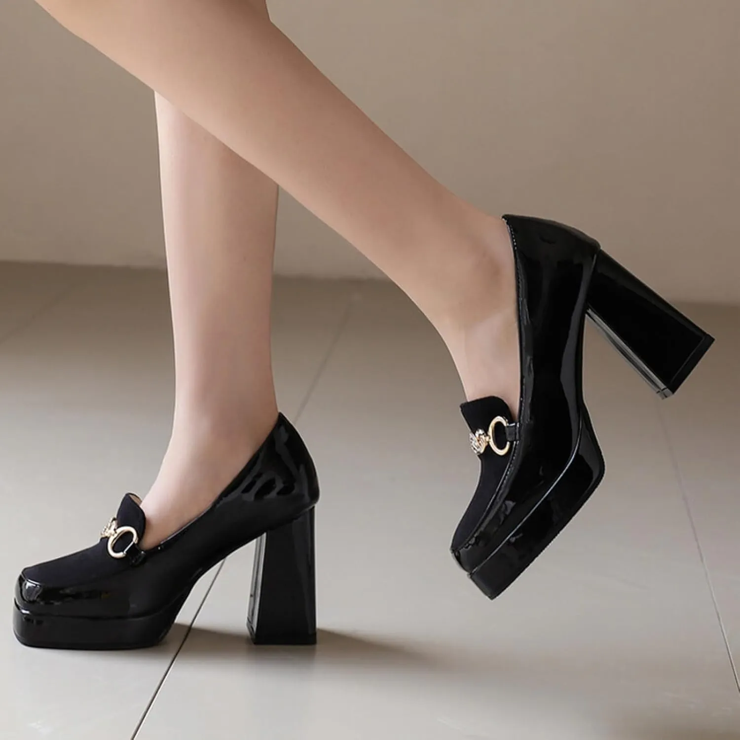 Women's Chunky Heels Mary Jane Shoes Square Closed Toe Platform Block Casual Slip on Patent Leather High Heels Elegant Comfortable Wedding Party Dress Pumps