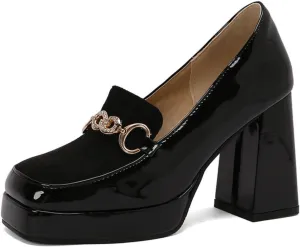 Women's Chunky Heels Mary Jane Shoes Square Closed Toe Platform Block Casual Slip on Patent Leather High Heels Elegant Comfortable Wedding Party Dress Pumps