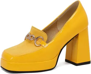 Women's Chunky Heels Mary Jane Shoes Square Closed Toe Platform Block Casual Slip on Patent Leather High Heels Elegant Comfortable Wedding Party Dress Pumps