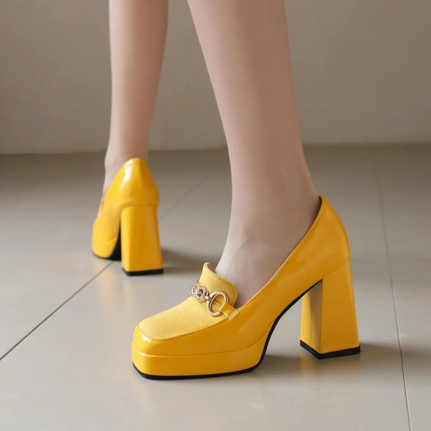 Women's Chunky Heels Mary Jane Shoes Square Closed Toe Platform Block Casual Slip on Patent Leather High Heels Elegant Comfortable Wedding Party Dress Pumps