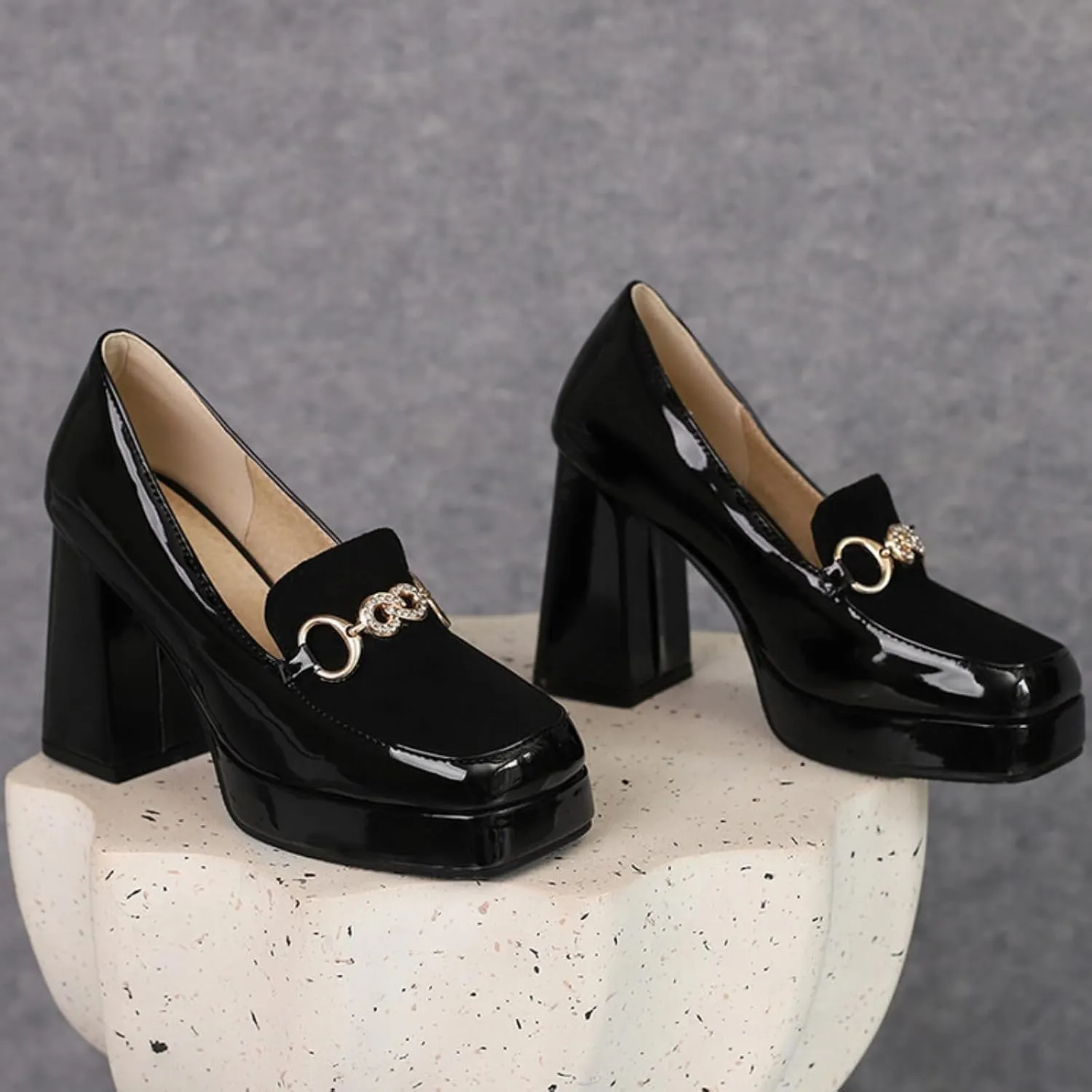 Women's Chunky Heels Mary Jane Shoes Square Closed Toe Platform Block Casual Slip on Patent Leather High Heels Elegant Comfortable Wedding Party Dress Pumps