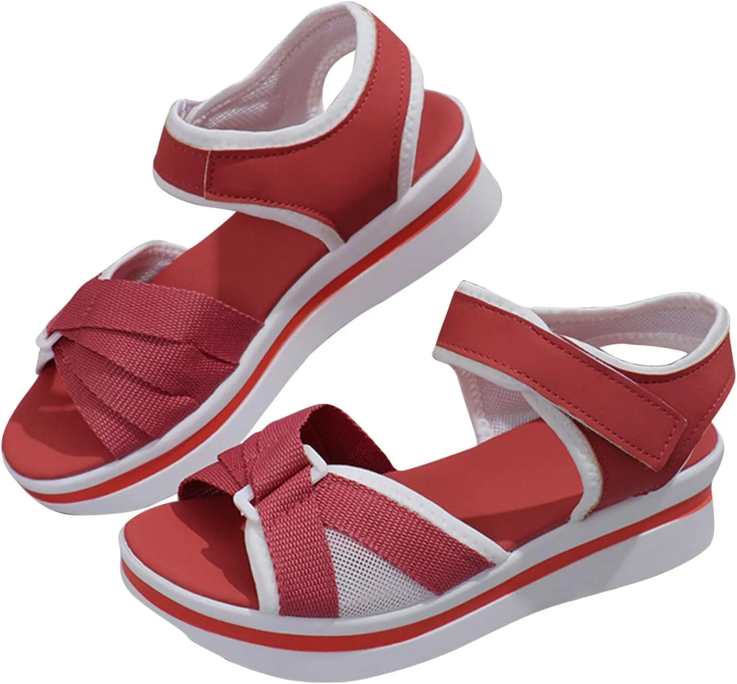 Women's Colorblock Open Toe Sandal Hook and Loop Breathe Shoe Bow Cross Platform Heighten Sandals High Elastic Flat