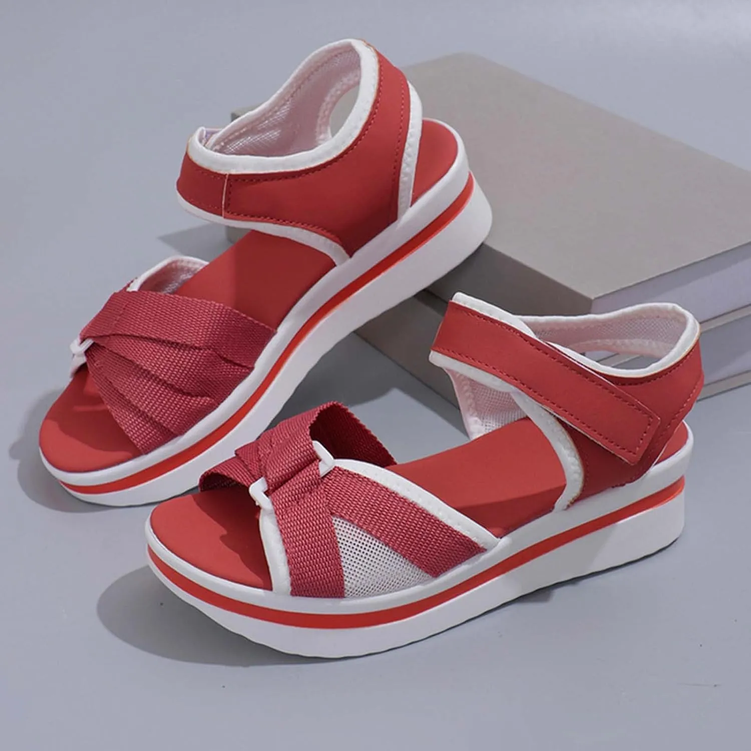 Women's Colorblock Open Toe Sandal Hook and Loop Breathe Shoe Bow Cross Platform Heighten Sandals High Elastic Flat
