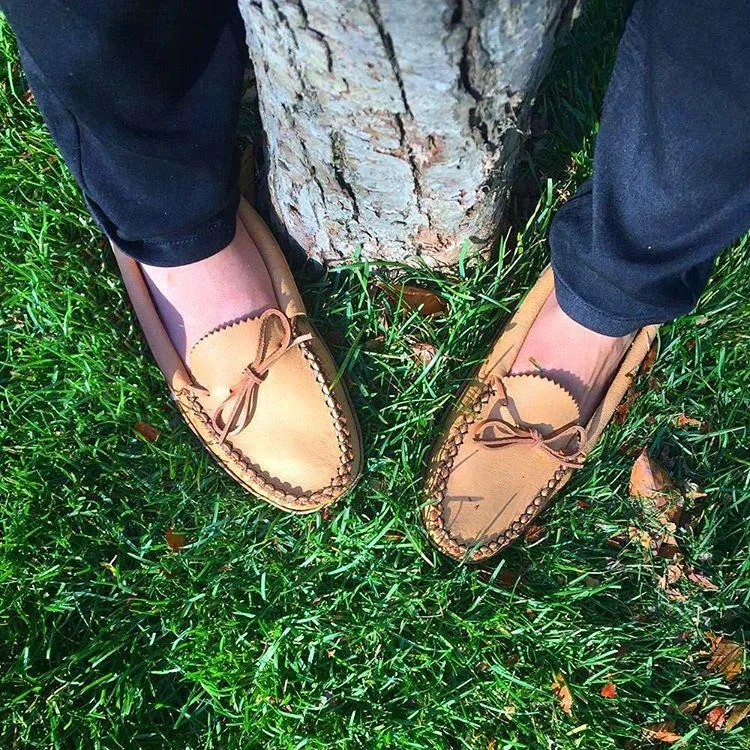 Women's Earthing Moccasins Moose Hide Heavy Oil Tan Leather Sole
