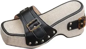 Womens Fashion Buckle Studded Wedge Sandals Comfortable Open Square Toe Y2K Chunky Shoes Casual Dressy Summer Slides