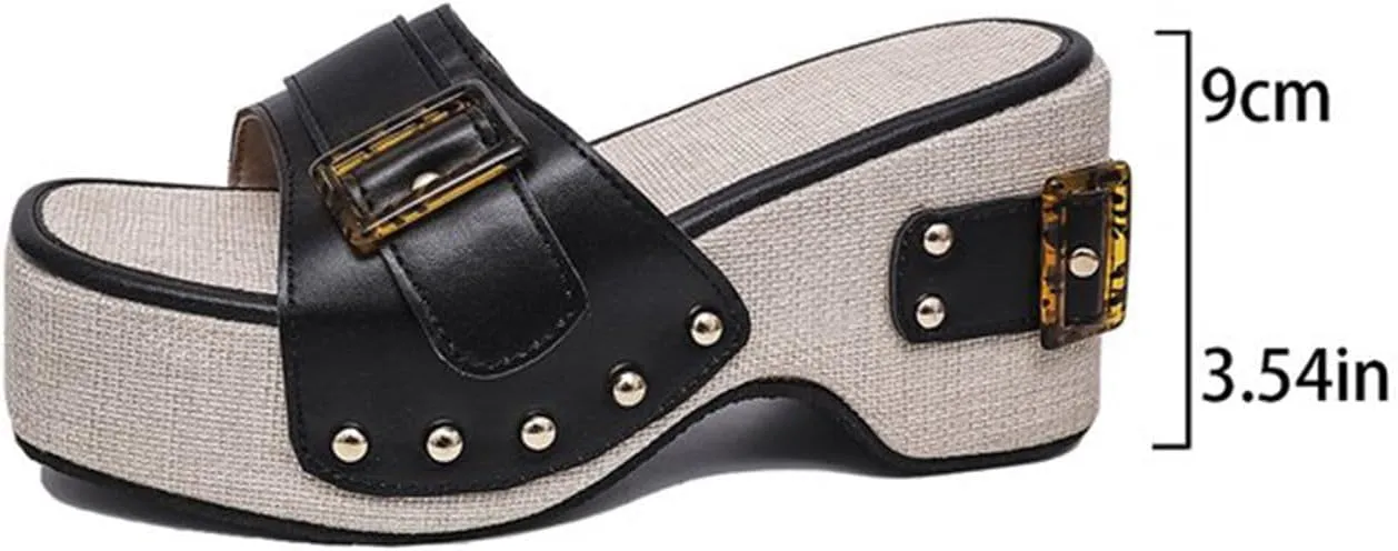 Womens Fashion Buckle Studded Wedge Sandals Comfortable Open Square Toe Y2K Chunky Shoes Casual Dressy Summer Slides