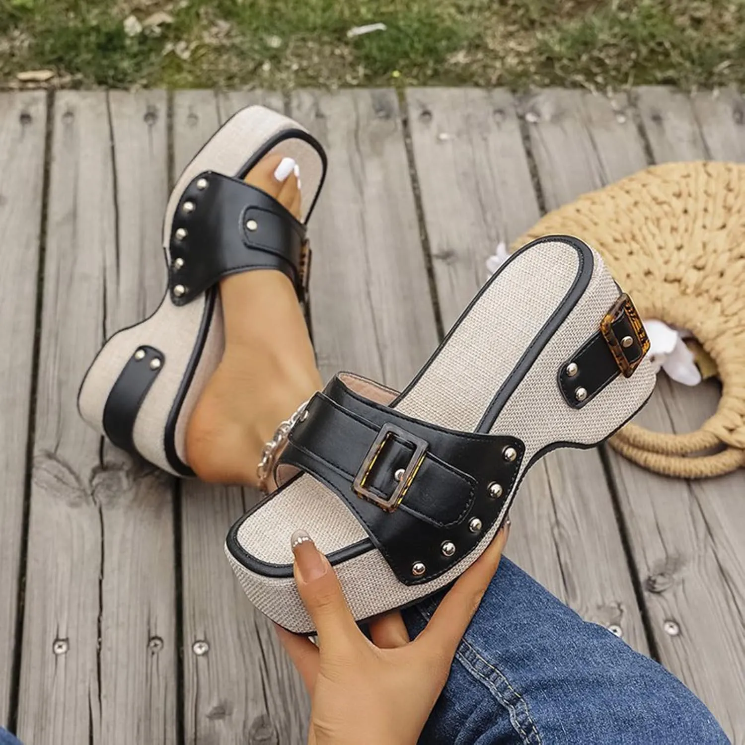 Womens Fashion Buckle Studded Wedge Sandals Comfortable Open Square Toe Y2K Chunky Shoes Casual Dressy Summer Slides