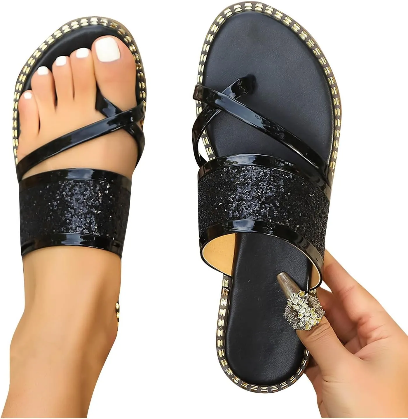 Womens Fashion Sequins Thong Slide Sandals Glitter Open Toe Strappy Slip-On Flip Flop Comfortable Summer Flat Slides