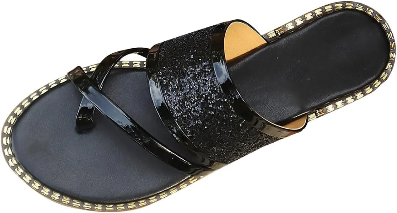 Womens Fashion Sequins Thong Slide Sandals Glitter Open Toe Strappy Slip-On Flip Flop Comfortable Summer Flat Slides