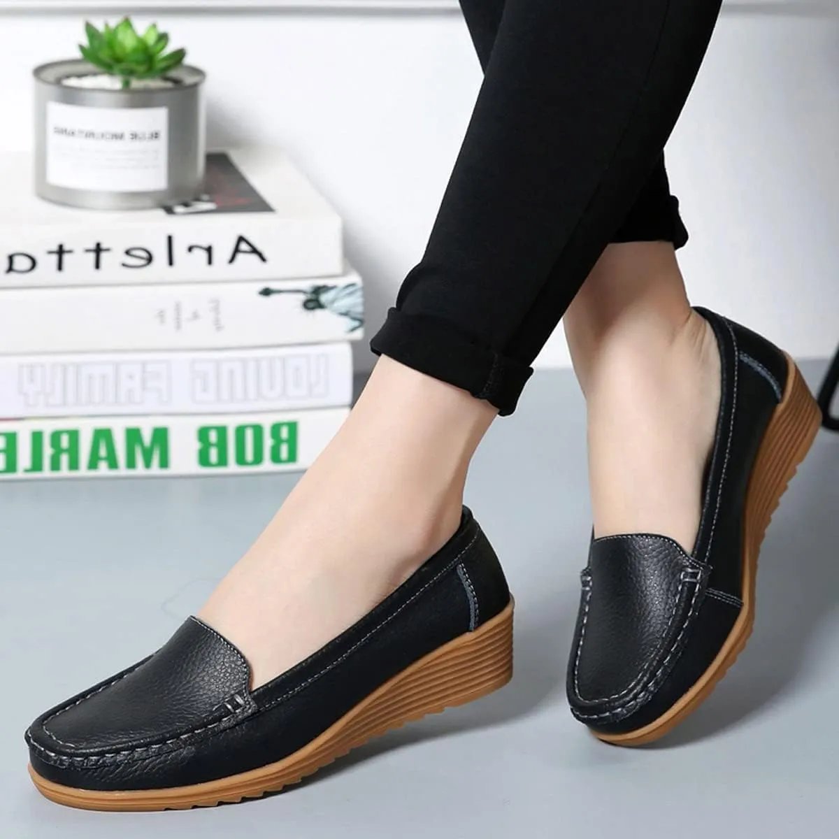 Women's Flats Casual Shoes Wedge Heel Sole Overfoot Comfort Solid Color Single Shoes Loafers Casual Shoes