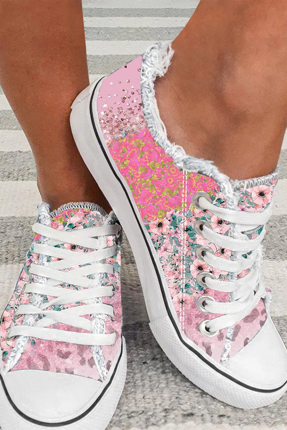 Womens Floral Print Low Top Canvas Shoes Lace Up Walking Tennis Shoes