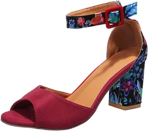 Womens Floral Thick Heel Sandals Ankle Strap Buckle Fish Mouth Open Toe Hollow Chunky High Heel Shoes Summer Comfy Casual Shoes with Jeans
