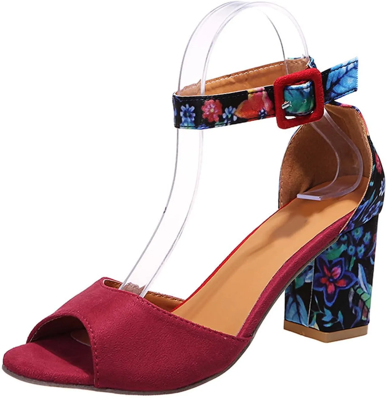 Womens Floral Thick Heel Sandals Ankle Strap Buckle Fish Mouth Open Toe Hollow Chunky High Heel Shoes Summer Comfy Casual Shoes with Jeans