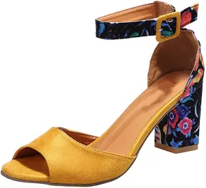 Womens Floral Thick Heel Sandals Ankle Strap Buckle Fish Mouth Open Toe Hollow Chunky High Heel Shoes Summer Comfy Casual Shoes with Jeans