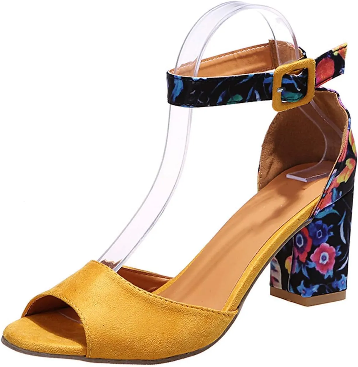Womens Floral Thick Heel Sandals Ankle Strap Buckle Fish Mouth Open Toe Hollow Chunky High Heel Shoes Summer Comfy Casual Shoes with Jeans