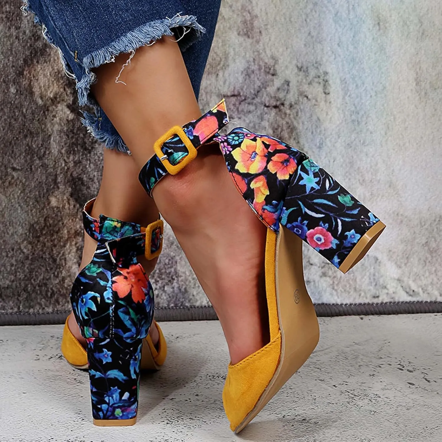 Womens Floral Thick Heel Sandals Ankle Strap Buckle Fish Mouth Open Toe Hollow Chunky High Heel Shoes Summer Comfy Casual Shoes with Jeans