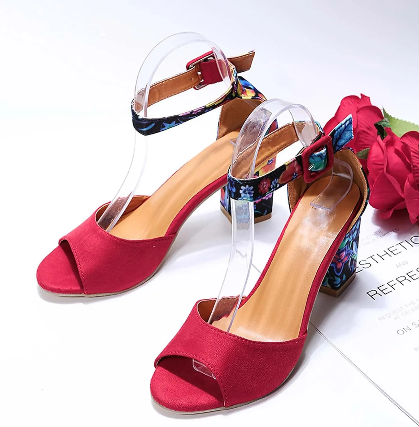 Womens Floral Thick Heel Sandals Ankle Strap Buckle Fish Mouth Open Toe Hollow Chunky High Heel Shoes Summer Comfy Casual Shoes with Jeans