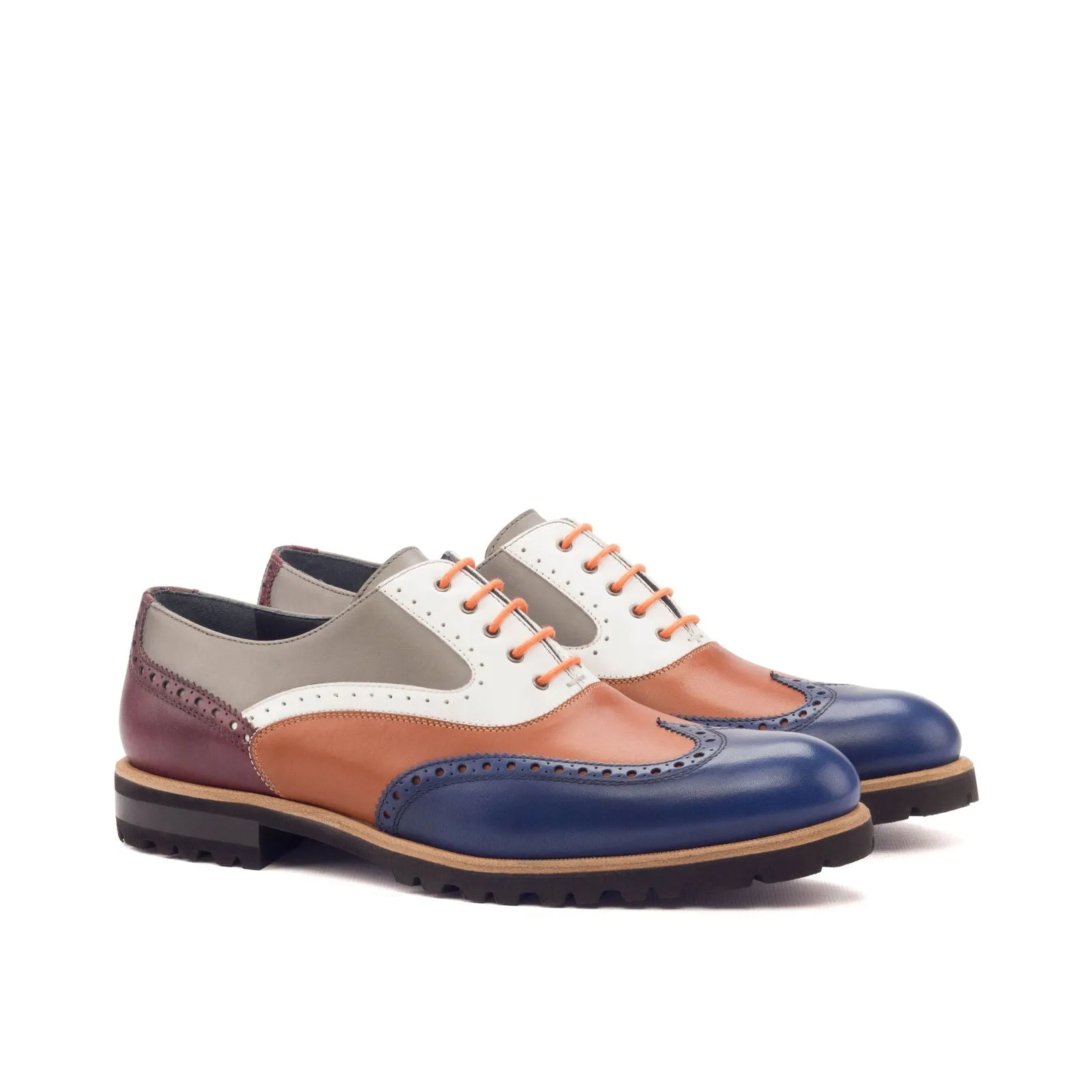 Women's Full Brogue Leather Shoes Brown White 3370