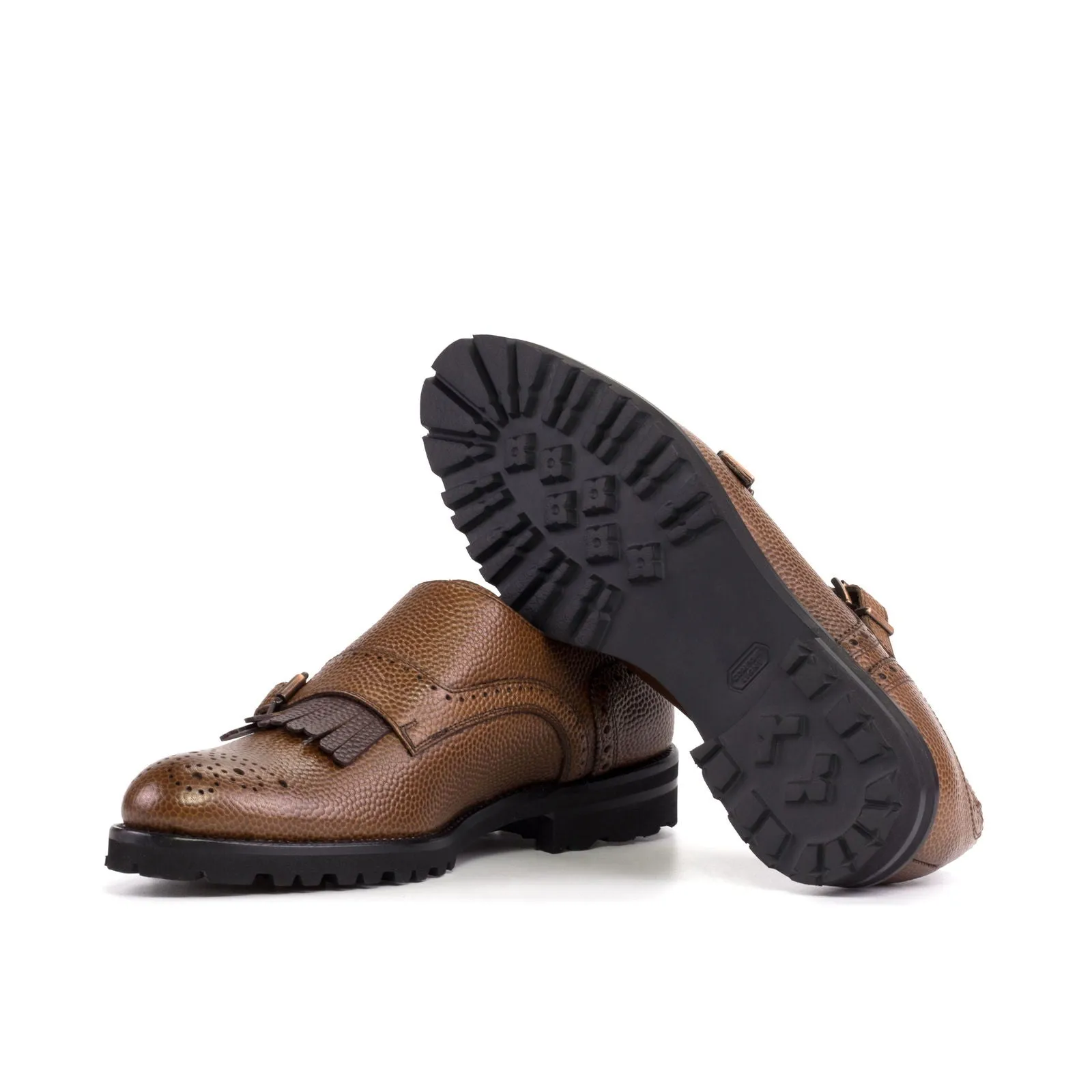 Women's Kiltie Monk Strap Leather Shoes Burgundy Brown 5794